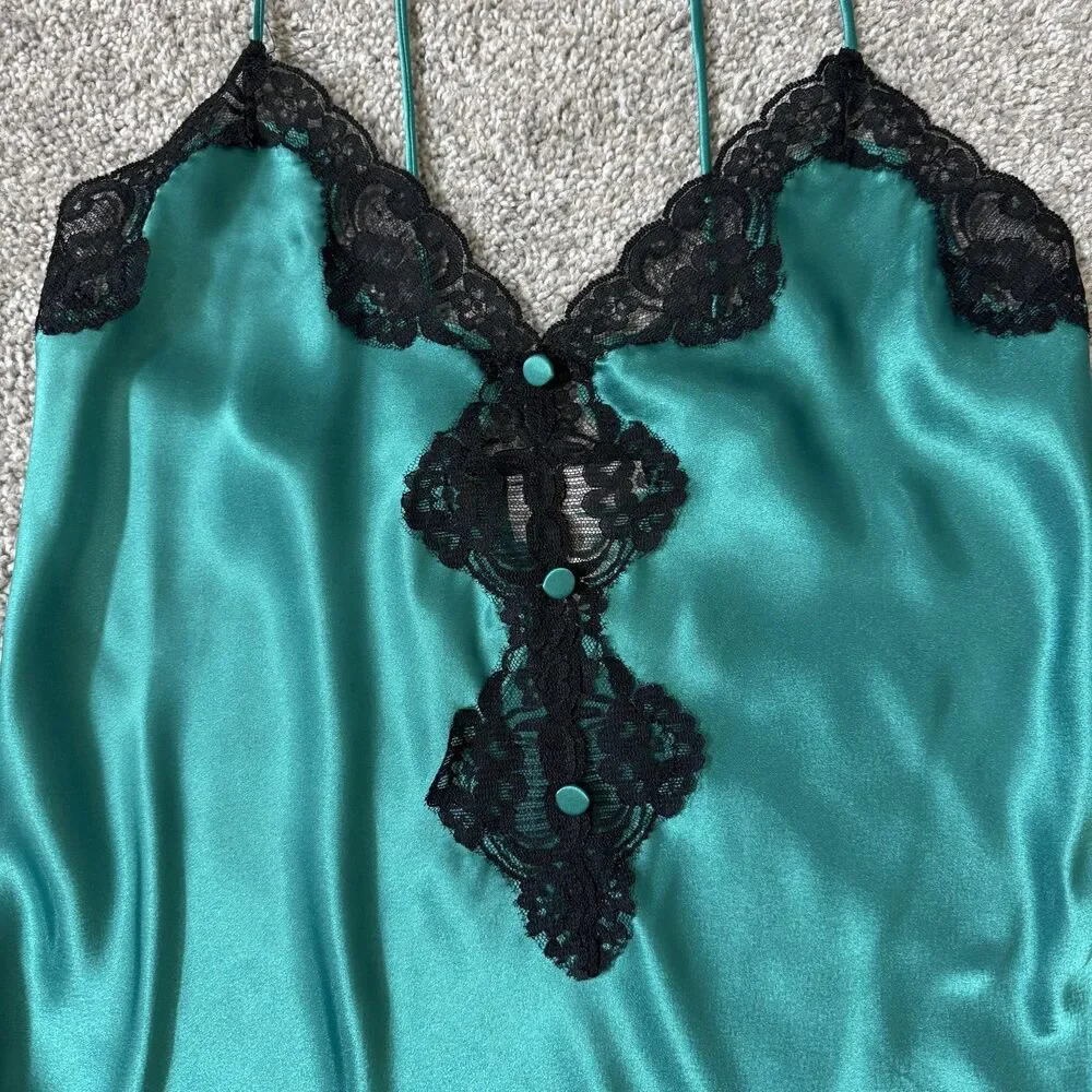 VINTAGE Inner Most Slip Womens Small Teal Lace Satin Chemise USA Sears Cami 90s